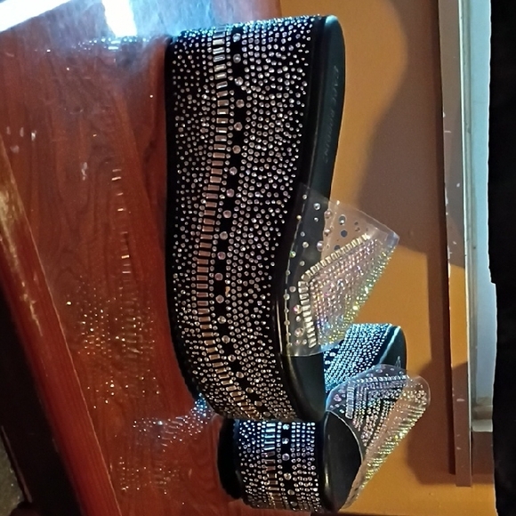 Embellished Black Platform Slide Sandals with Rhinestones - Picture 2 of 8